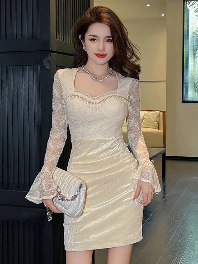 Women's French Luxury Noble Prom Dress Lady Sheer Lace Velvet Splice Diamonds Pearl High Waist Mini Gown Party Evening Vestidos