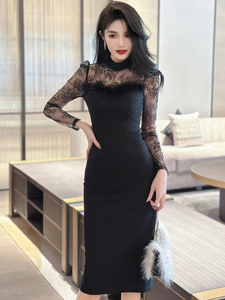 black lace sleeves to add to dress Long Bell Sleeve Lace Dress, Off-Shoulders Dress, Bohemian Black Dress #1201