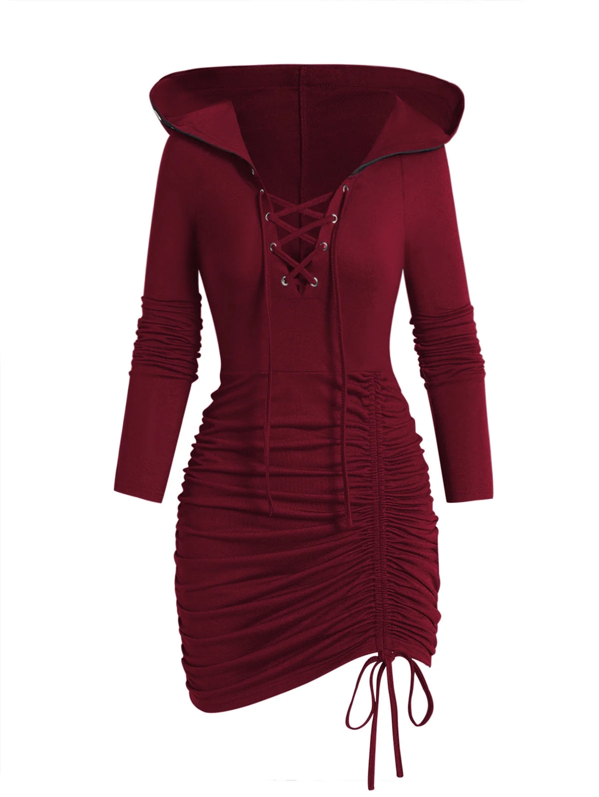 Hooded Lace-up Ruched Bodycon Dress Black on Luulla