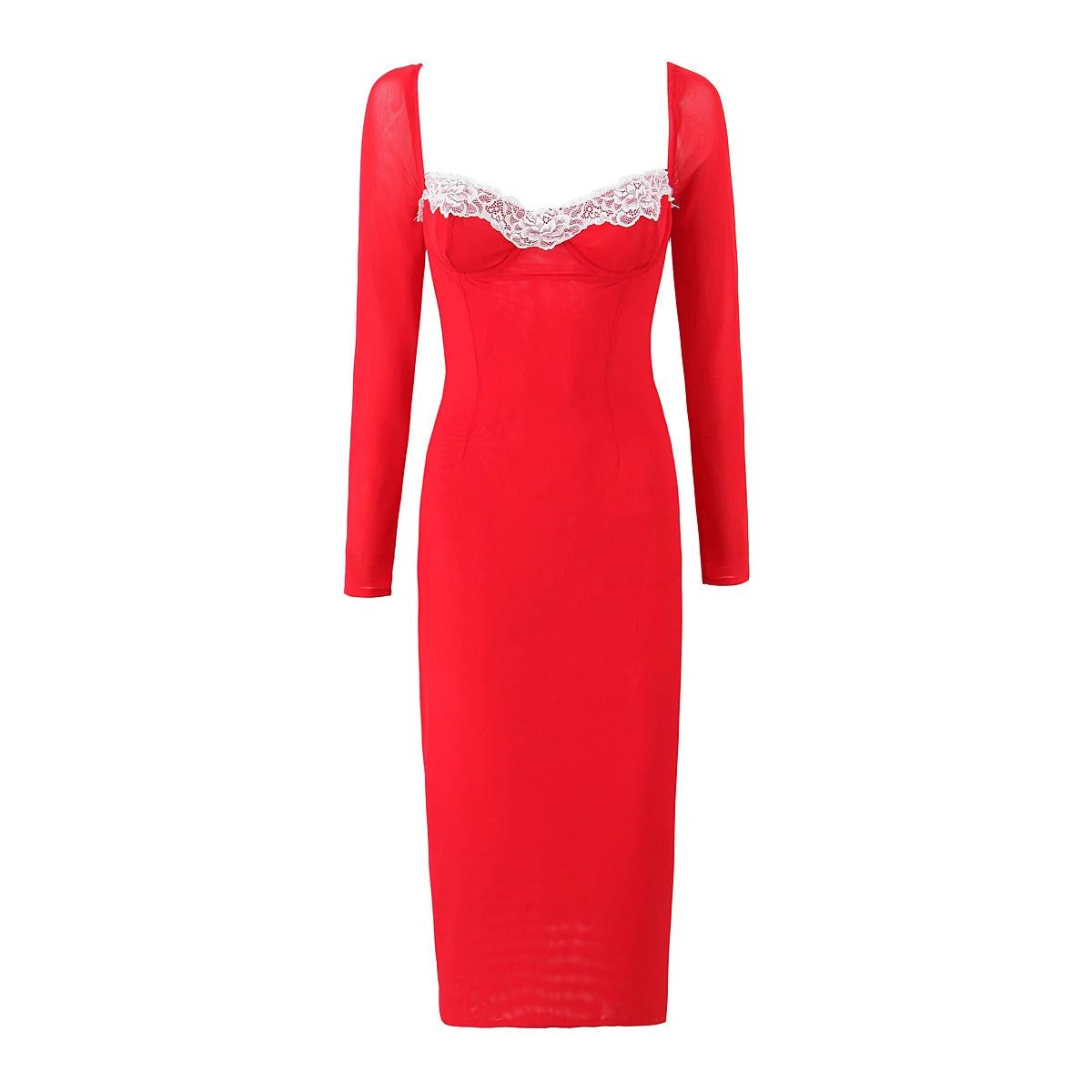 Red Lace Detail Long Sleeve Midi Dress