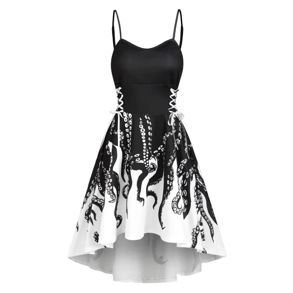 Octopus Tentacle Print Lace-up Skater Dress