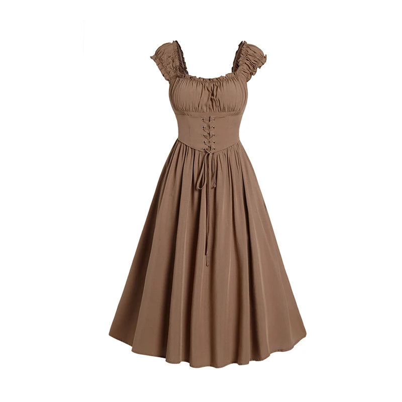 Vintage Brown Midi Dress with Ruffled Sleeves