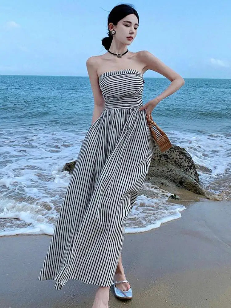 Strapless Striped Maxi Dress For Summer Beach