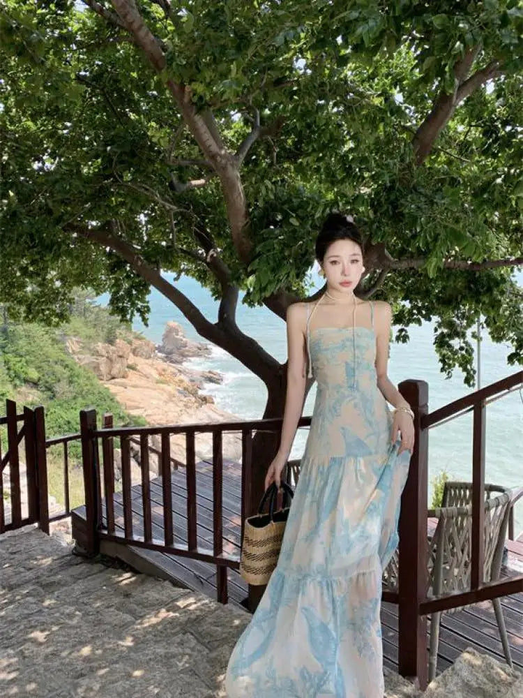 French Retro Summer Blue Print Fashion Women's Bandage Long Dress Ladies Backless Spaghetti Strap A-line Pleated Dress Vacation