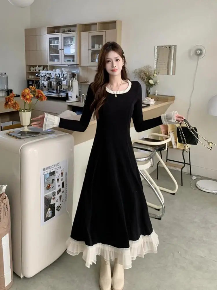 long sleeve black dress with white trim Emery Midi Dress | Black & White | Long sleeves