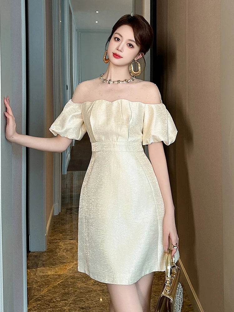 off shoulder puff sleeve midi dress Puff Sleeve Tie Front Off Shoulder Slit Thigh Dress, Brown / XS