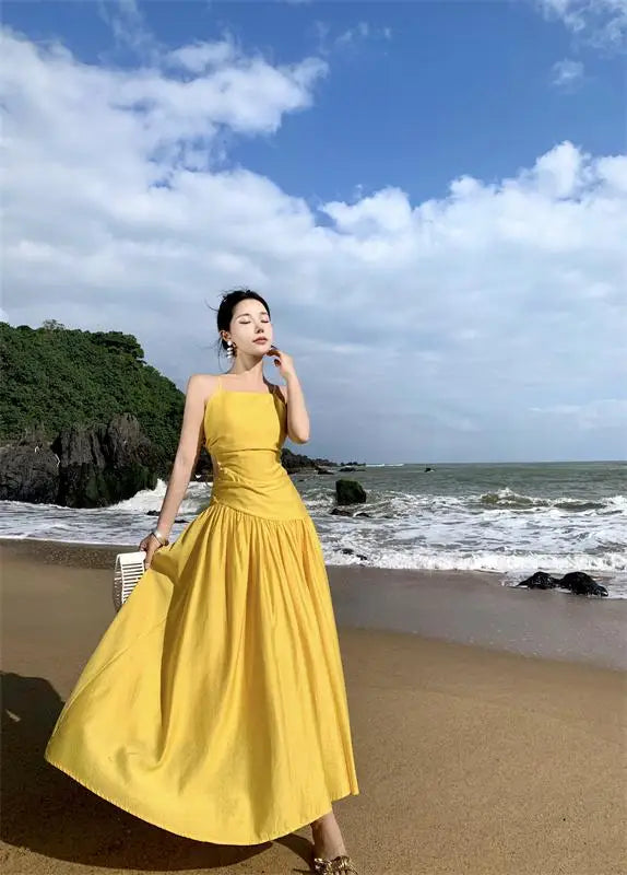 Green Backless Sexy Club Slip Dress Yellow Lace Up Women Elegant Banquet  Style American Pleated Long on Luulla