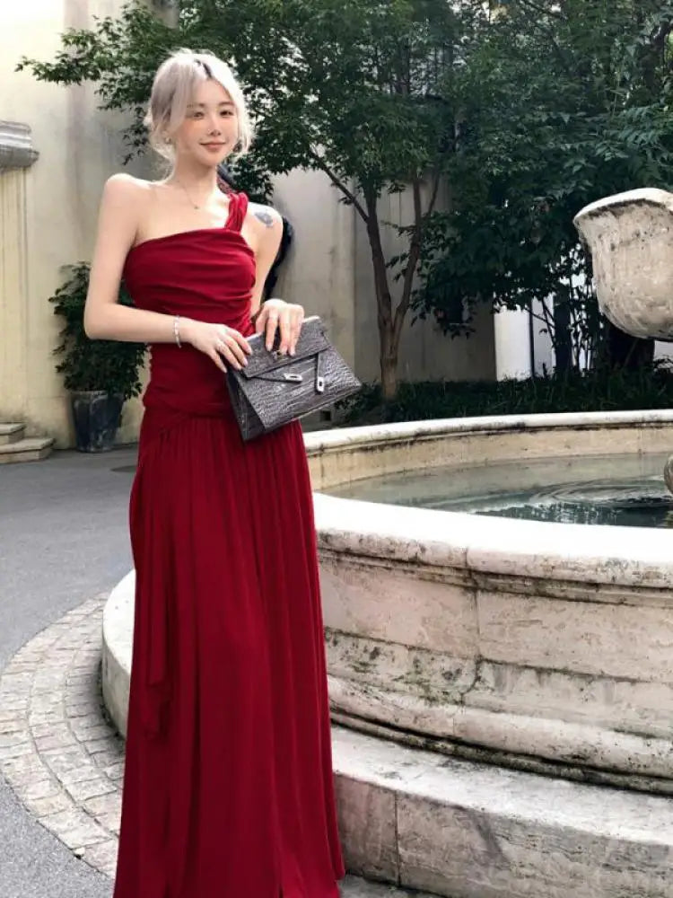 One-Shoulder Maxi Dress with Pleated Skirt