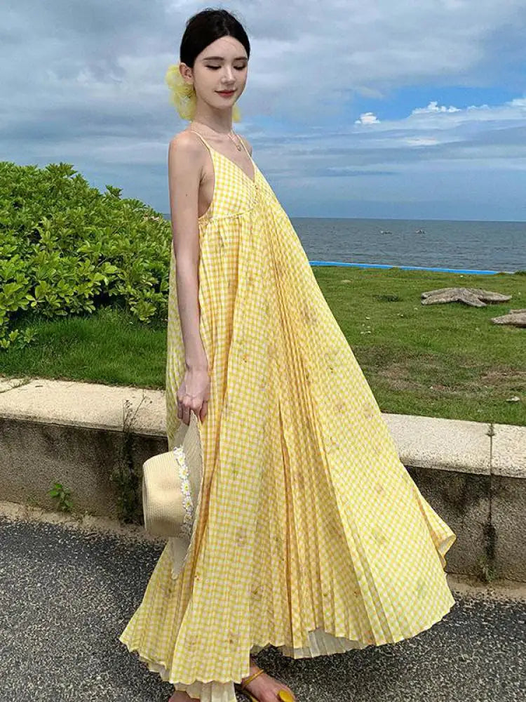 Flowy Yellow Gingham Maxi Dress With Straps