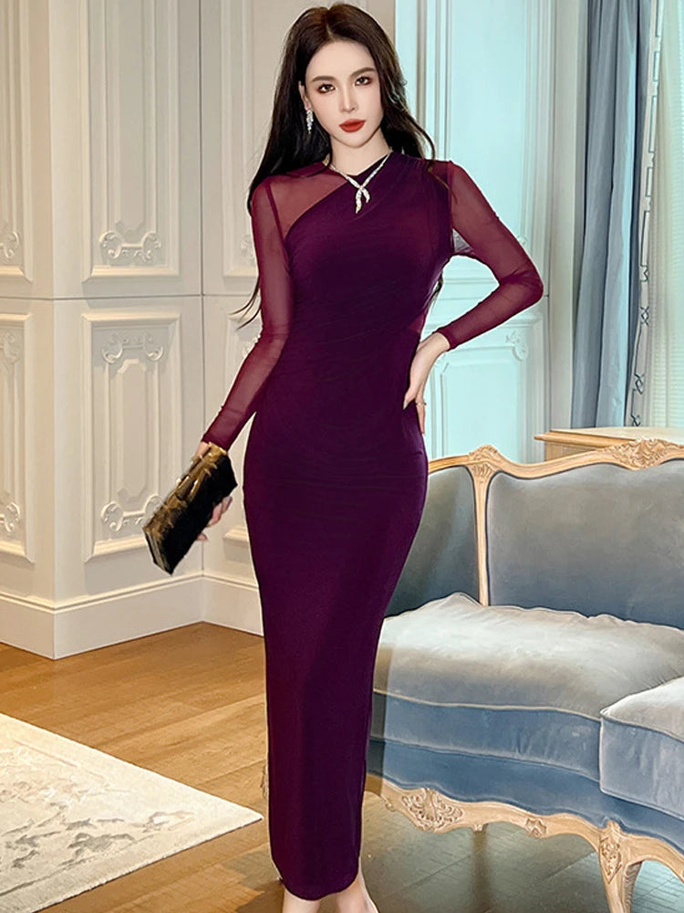 One-Shoulder Burgundy Mesh Sleeve Evening Gown