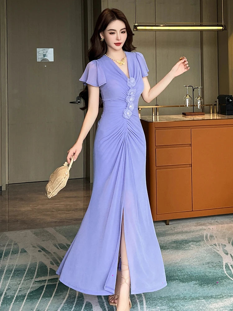 lavender maxi dress formal Lavender Organza Princess Prom Dress Short Puff Sleeve Ruffles A Line –  Simplepromdress main image 0