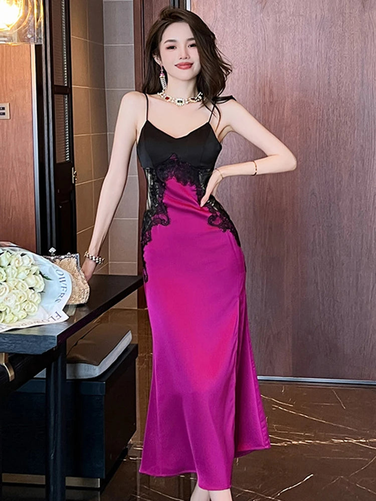 Sleek Black Pink Lace Trim Satin Dress on Luulla