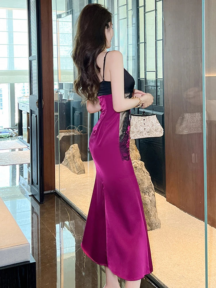 pink satin dress with black lace Satin and lace maxi dress  Color: Light pink/Black  RASARIO Online  Boutique