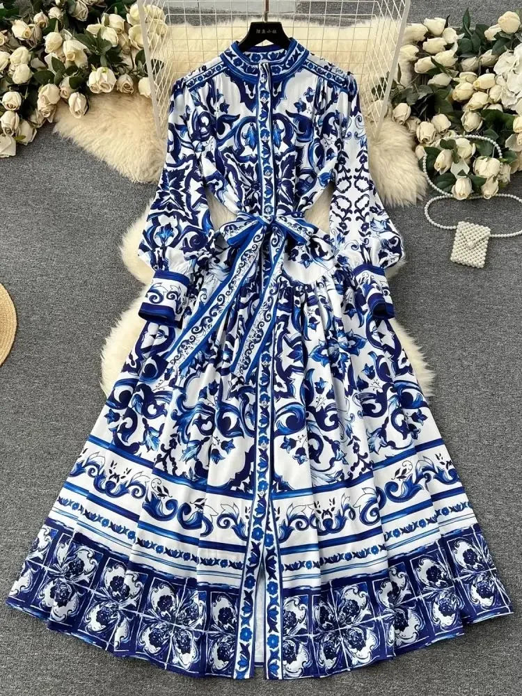 Blue Floral Long-sleeve Maxi Dress With Belt on Luulla