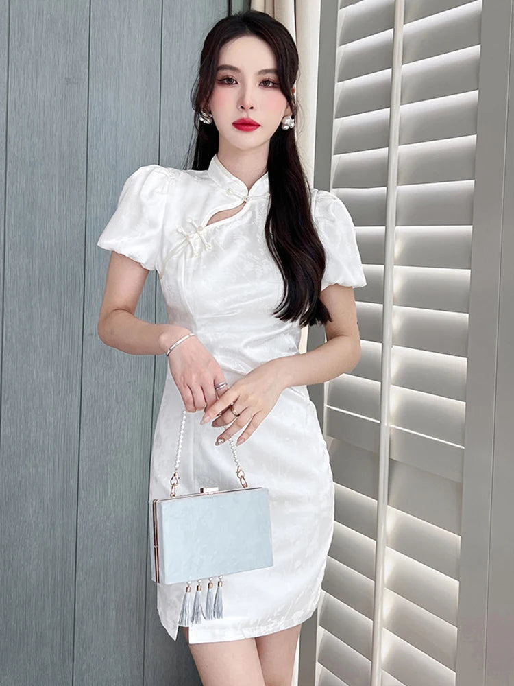 puff sleeve satin midi dress Puff Sleeves Button Up Satin Midi Dress in Lilac purple M