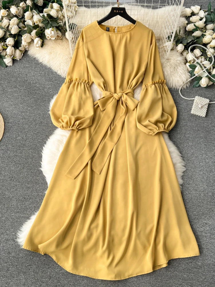 Mustard Long Sleeve Tie-waist A-line Dress