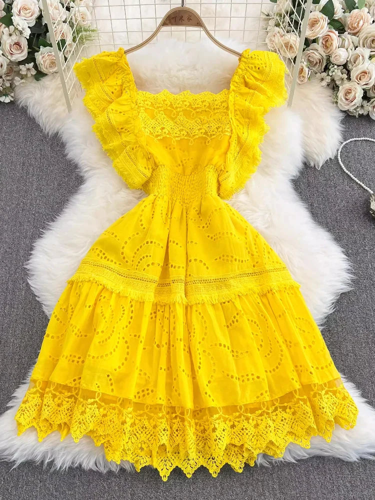 Yellow Lace Summer Dress, Flowy And Chic