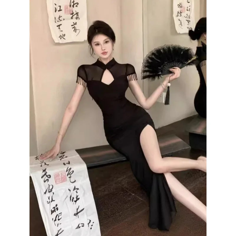 Black Cheongsam Chinese Dresses Women's Summer Retro French Evening Dress H98203