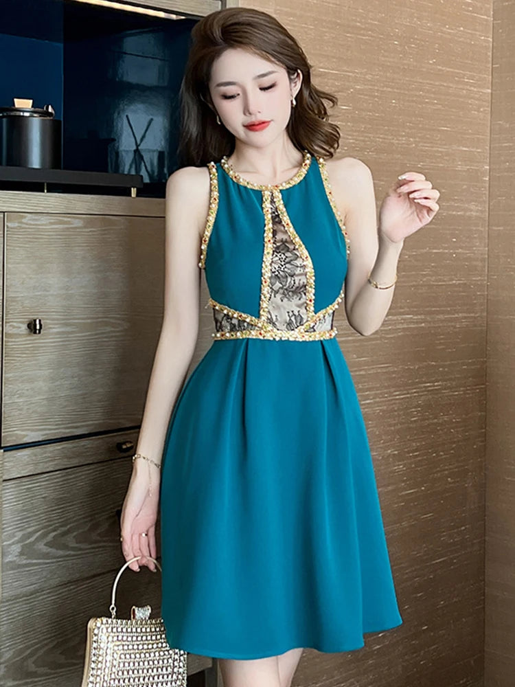 slim fit dress slacks Tulum Turquoise w Gold Dress – URock Couture main image 0