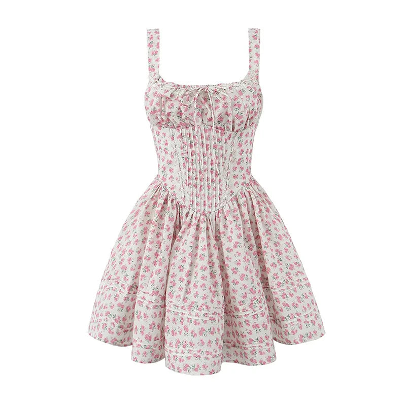 Floral Print Corset Dress With Flared Skirt on Luulla