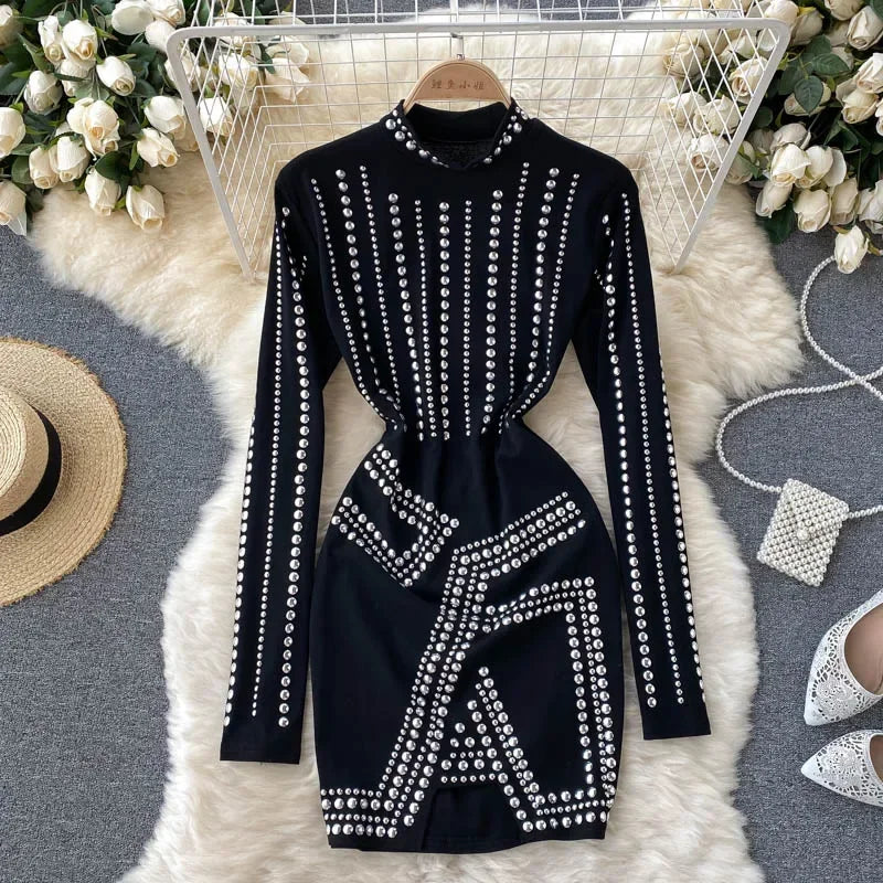 Jewel-studded Black Long-sleeve Fitted Dress