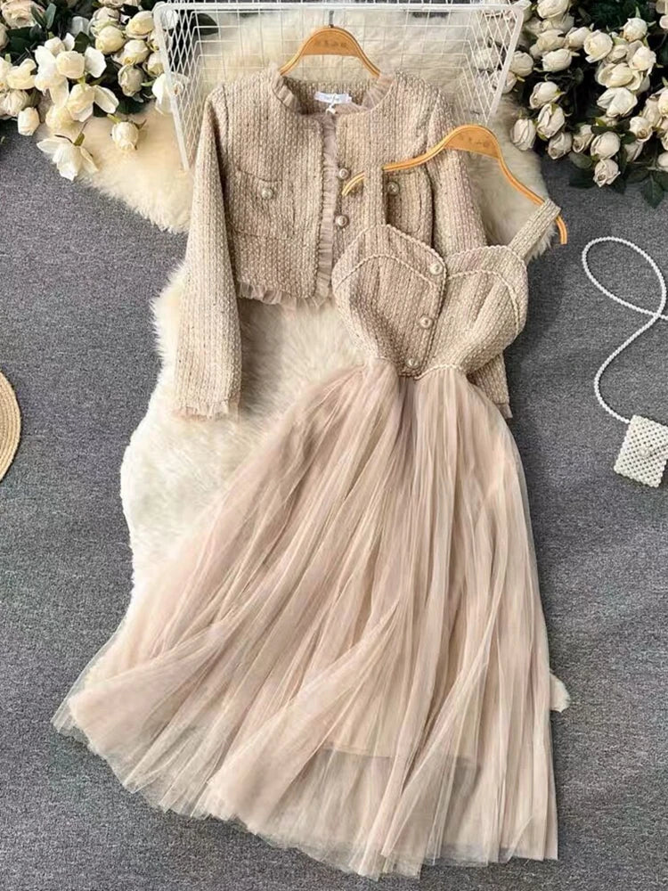 Chic Womens Tweed Jacket And Tulle Dress Set on Luulla