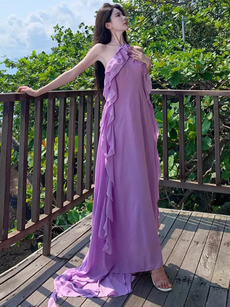Summer Purple Sexy Club Off Shoulder Slim Backless Ruffles Long Dress Ladies Fashion Banquet Evening Party Halter Dress Robe