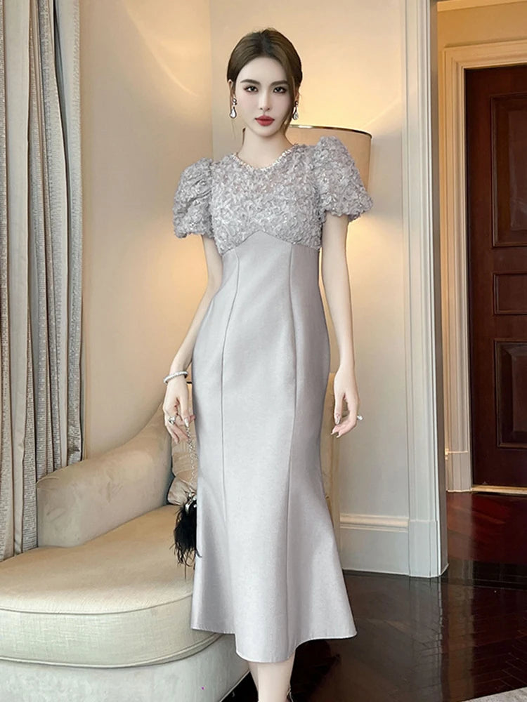Silver Puff Sleeve Glitter Detail Midi Dress