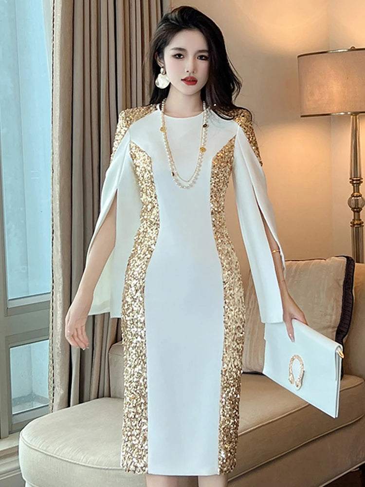 white and gold combination dress White Maxi Dress with Gold Glitter main image 0