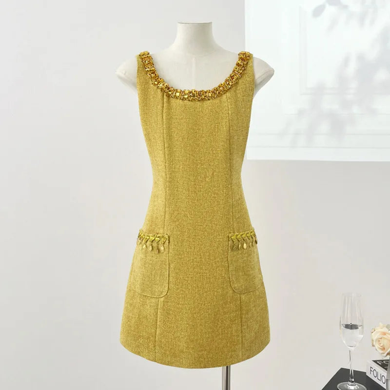 Chic Gold Tweed Dress With Beaded on Luulla