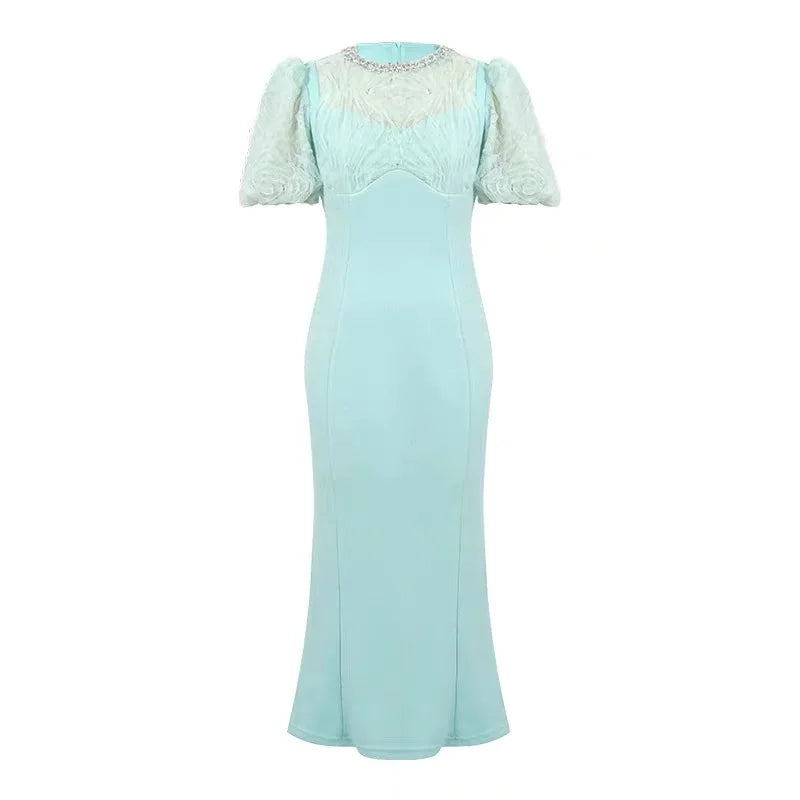 aqua puff sleeve midi dress $194 Aqua Women's Blue Pink V-Neck Puff-Sleeve Printed Midi Party Dress  Size M