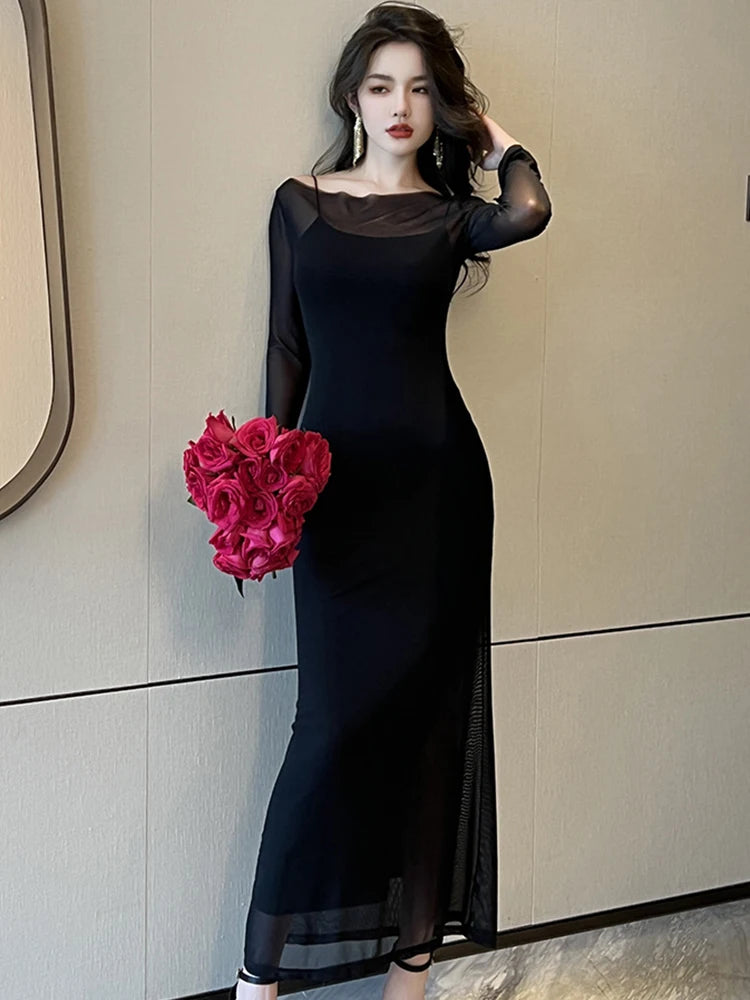 Spring Women's 2 Piece Outfits French Sexy Sheer Mesh Maxi Dress Strap Long  Robe Party Holiday Vesti on Luulla