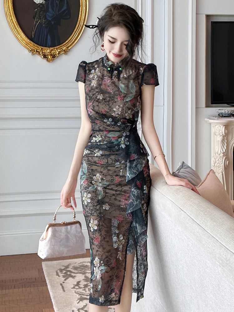 Floral Lace Mesh Dress With Cap Sleeves