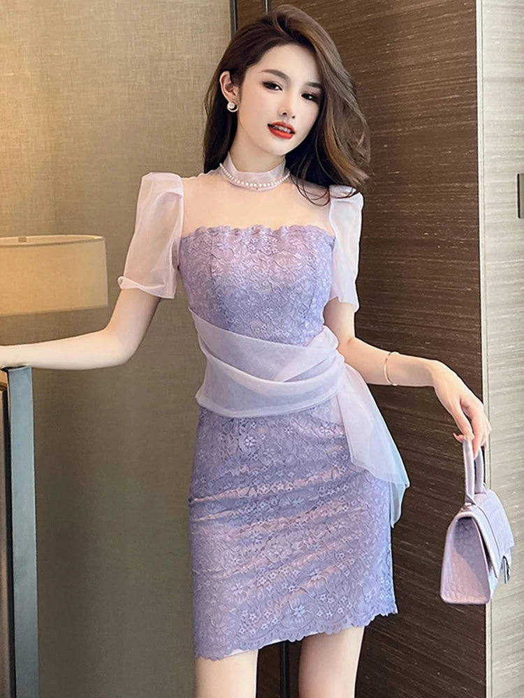 chinese dress ladies Aconiconi Luxury White French Style Short Puff Sleeve Lace A-Line Dress