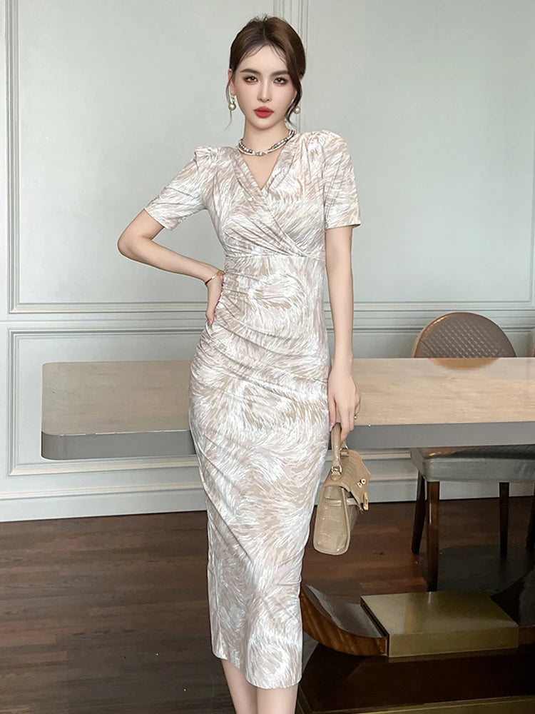 Midi Elegant Classy Bodycon Dress Chic Short Sleeve Ruched Bodycon Midi  Dress