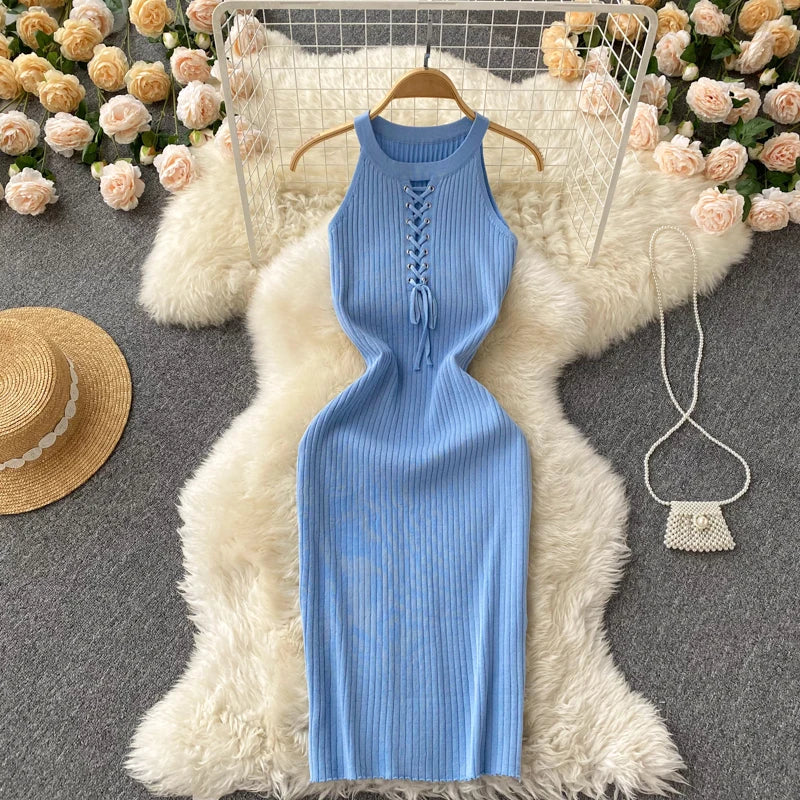 Sleeveless Blue Lace-Up Ribbed Knit Dress