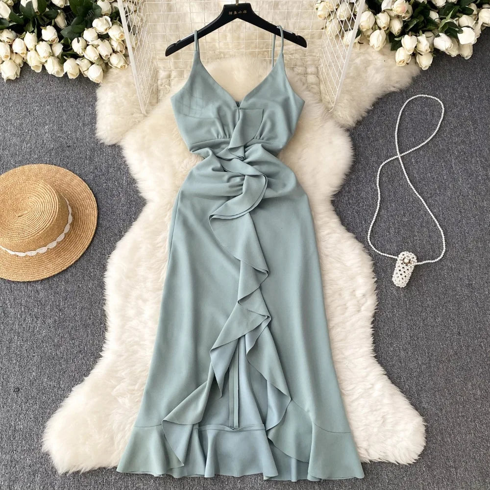 Sleeveless Light Blue Ruffled Midi Summer Dress