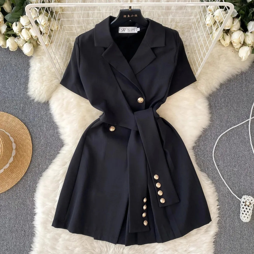 Vintage Elegant Lace Up Turn-down Collar Short Sleeve Dress A-line Casual Women Fashion High Waist Summer Spring Short Dress