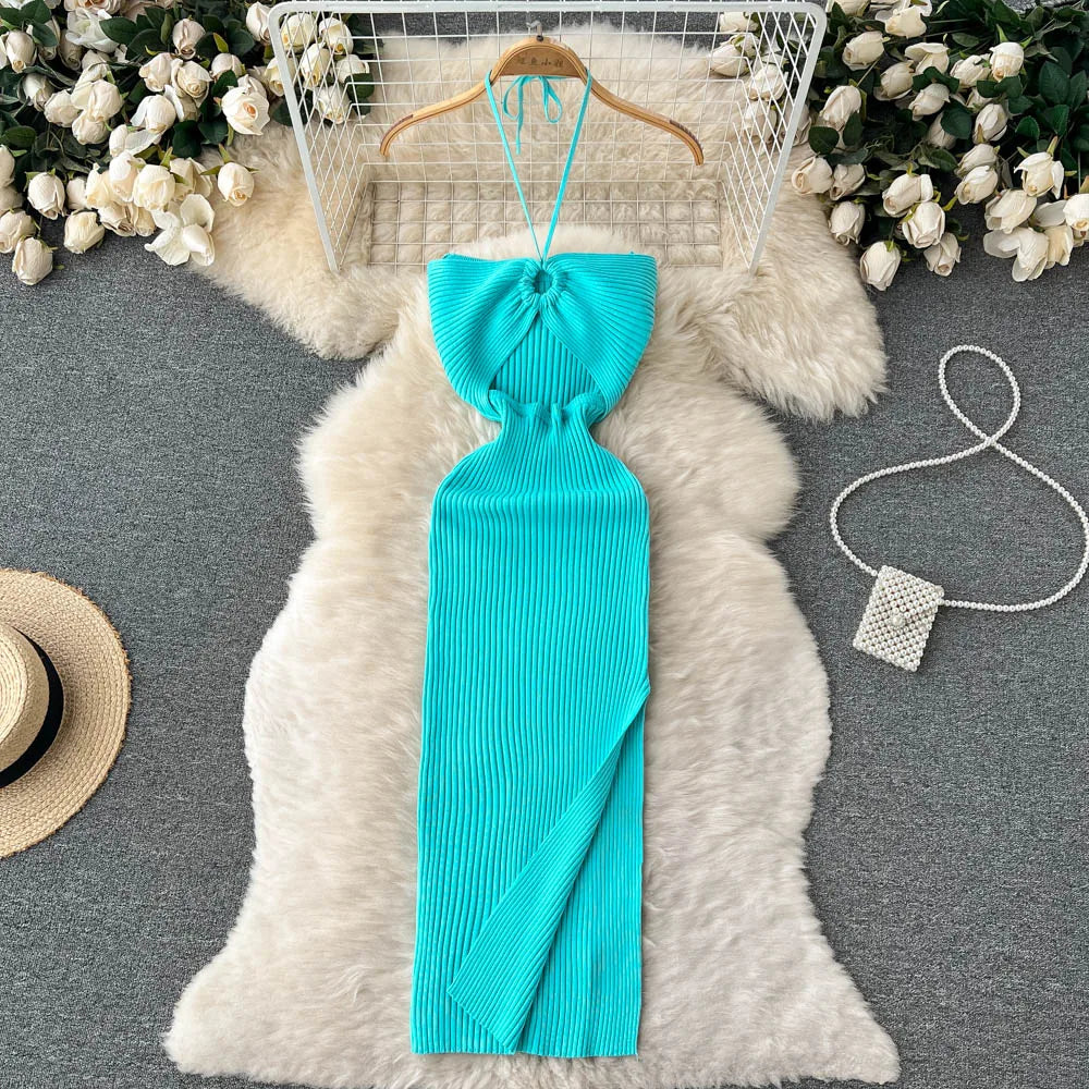 Turquoise Ribbed Knit Halter Maxi Dress