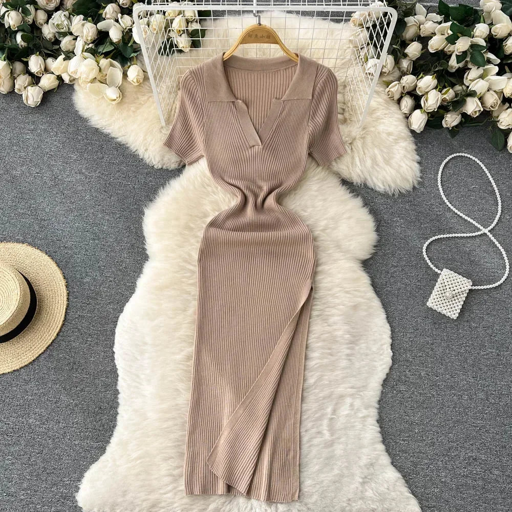 Short-sleeve Ribbed Knit Bodycon Midi Dress