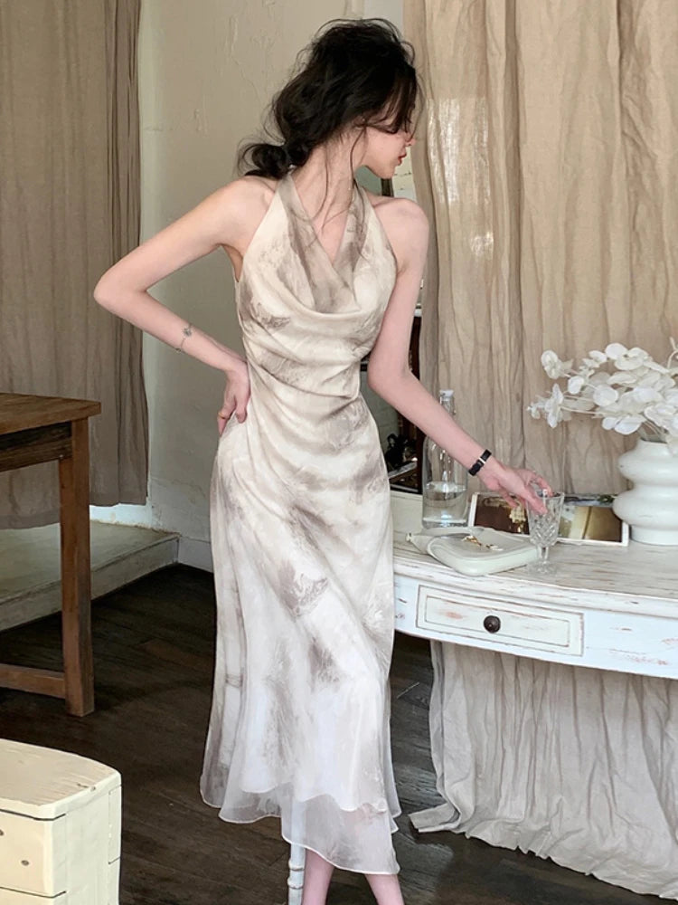 Sleeveless Halter Marble Print Evening Maxi Dress on Luulla