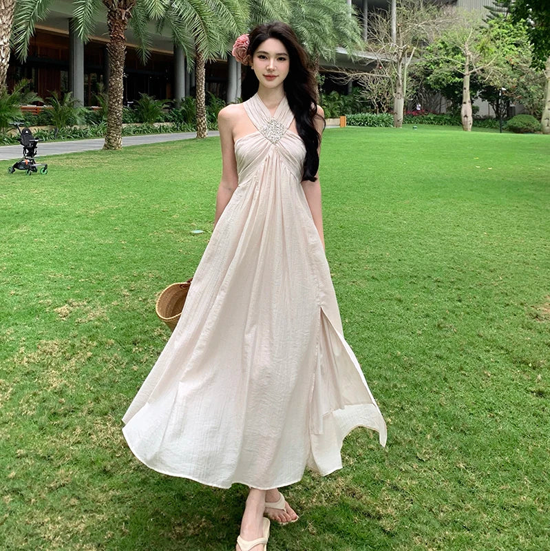 Sexy Halter Pink Long Dresses For Women Summer Holiday Beach Dress Split  Sleeveless Korean Fashi on Luulla
