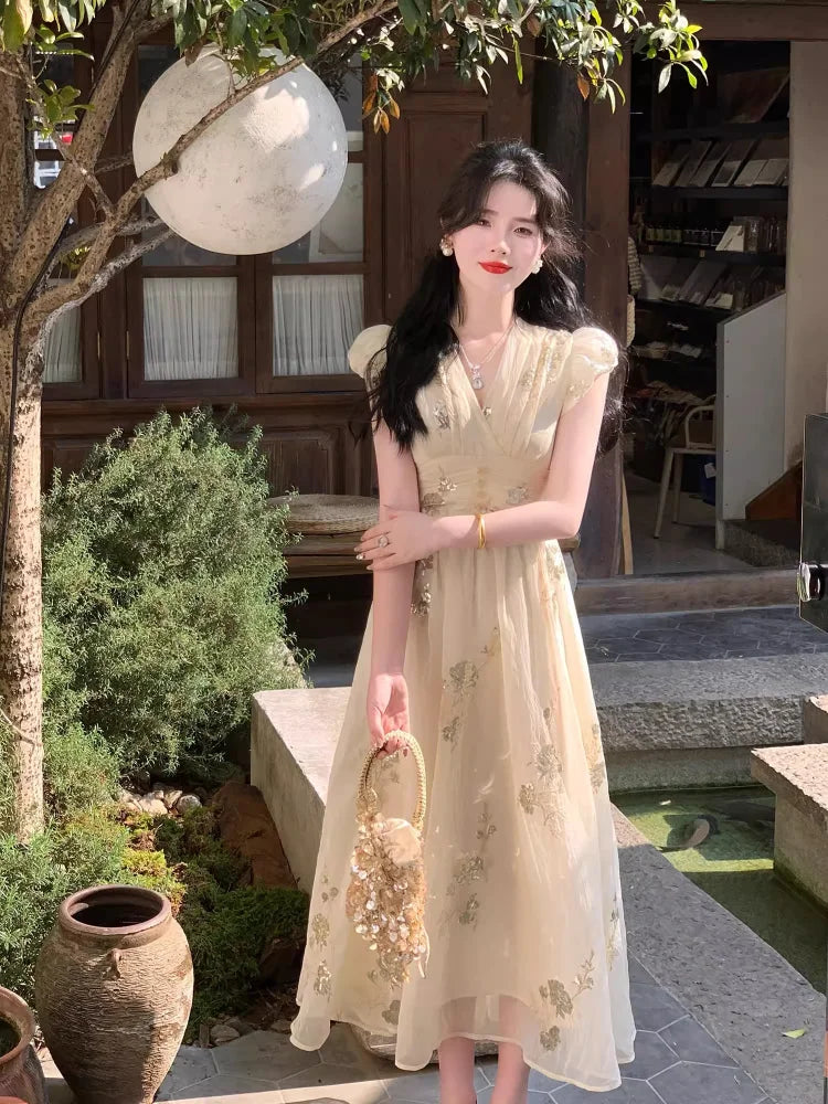 embroidered puff-sleeve dress Marigold Textured 3D Embroidered Puff Sleeve Maxi
