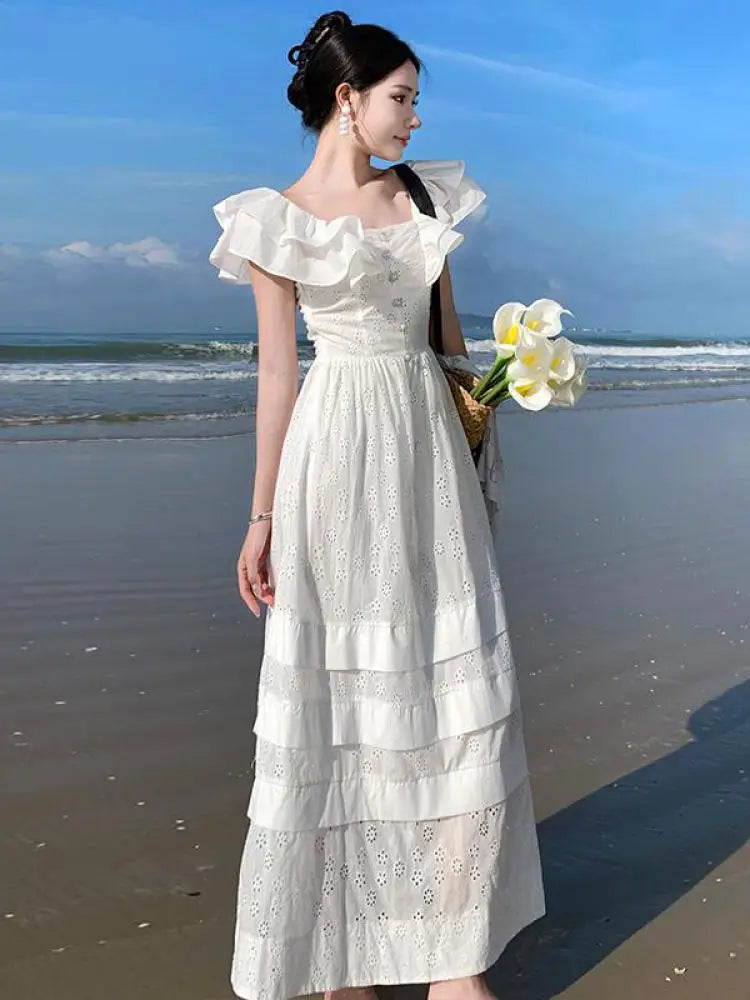 off shoulder beach maxi dress RAQUELA OFF SHOULDER RUFFLE MAXI DRESS main image 1