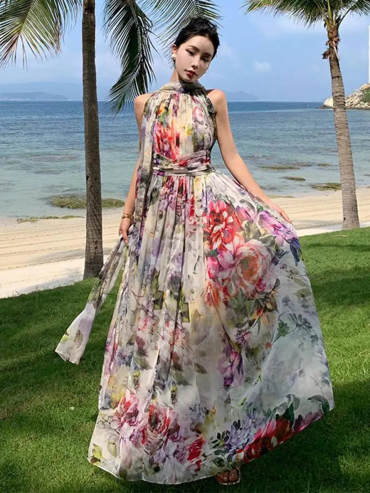 knee length dresses for ladies Colorful Floral Printed Chiffon Maxi Dress Free and Loose Beach Weddin –  Mega Mart Center main image 1