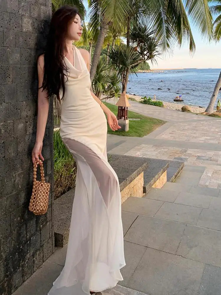 Sleeveless Beige Maxi Dress With Sheer Panels