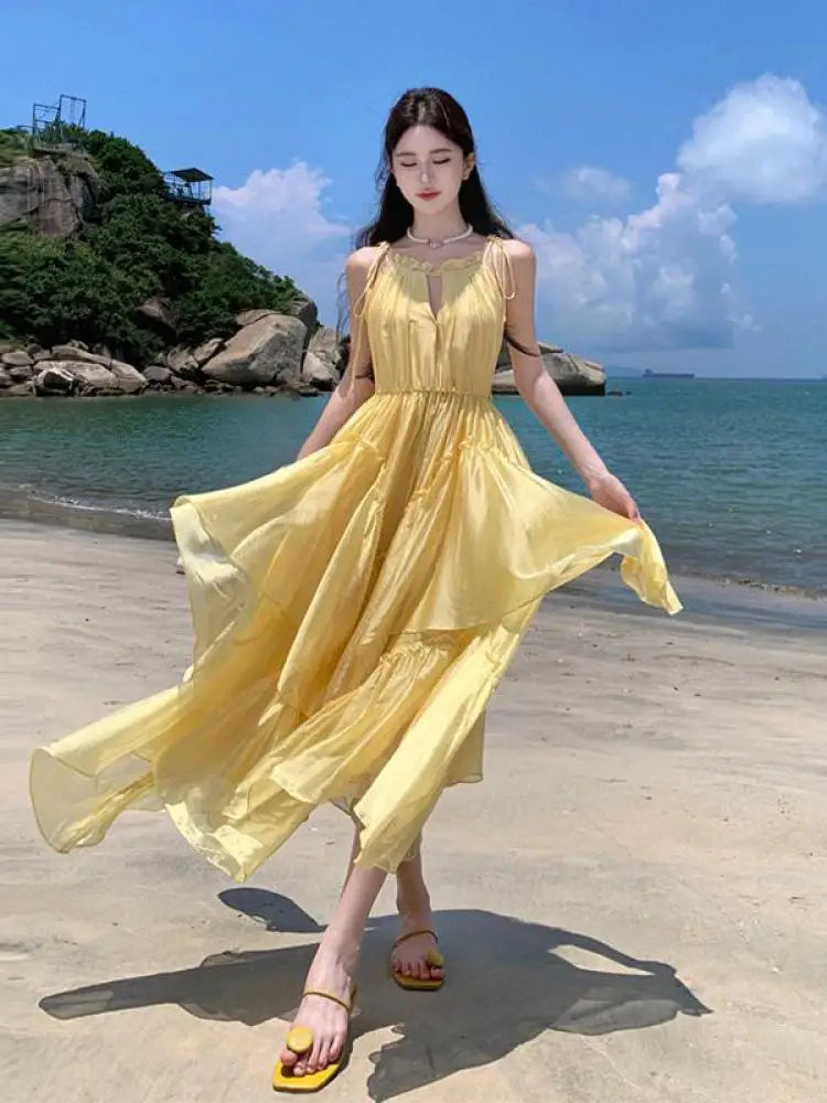 Womens Yellow Summery Lightweight Beach Maxi Dress