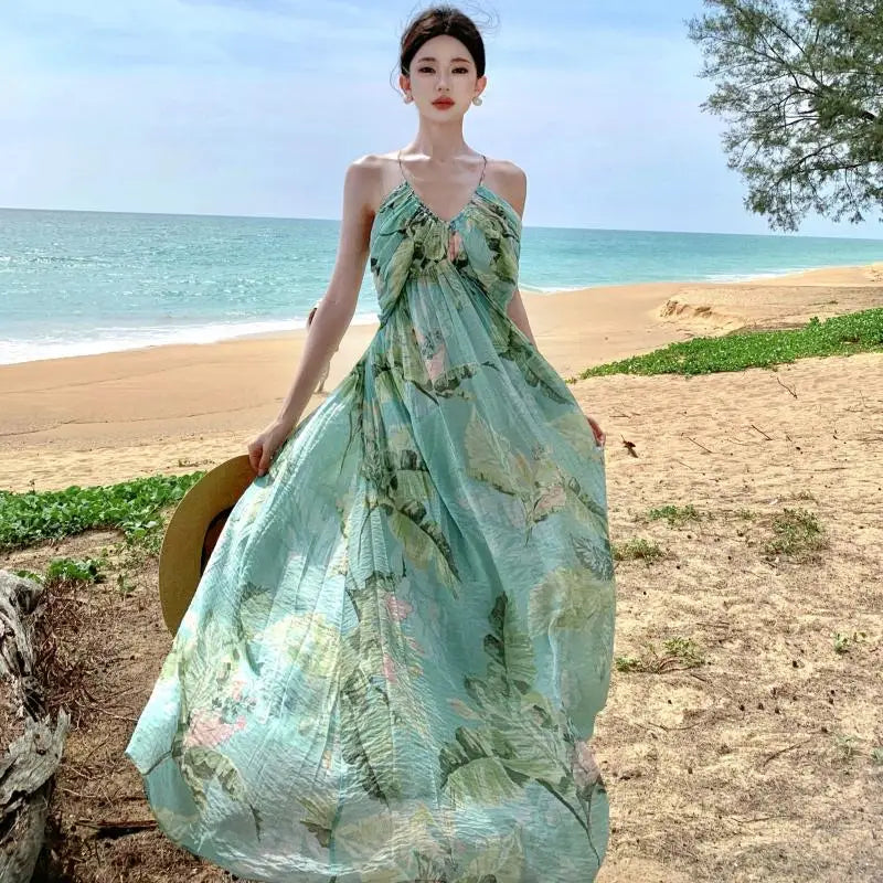 Tropical Floral Halter Maxi Dress Beachwear Outfit