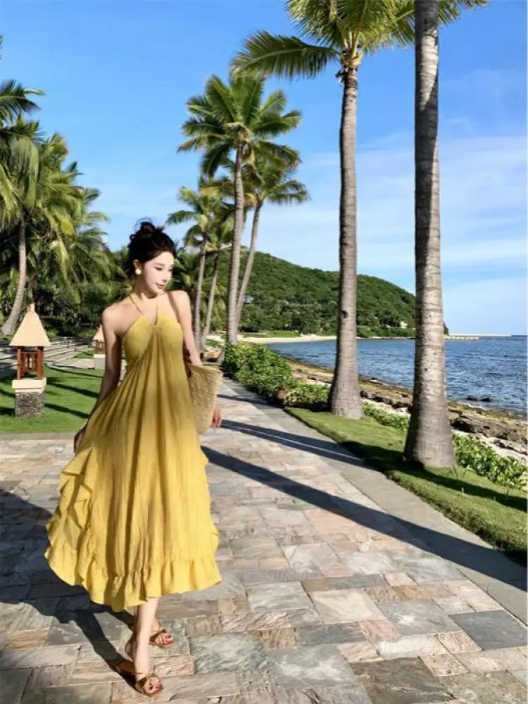 Summer Yellow Sexy Sleeveless Vacation Ruffles Halter Lace-up Long Dresses Women 2024 Backless Elegant Party Pleated Dress Trend