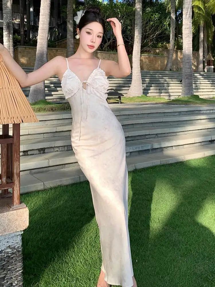 beige club dress Beige Elegant Sleeveless Backless V Neck Lace-up Slip Long Dress 2024  Summer Sexy Club Vacation on Luulla